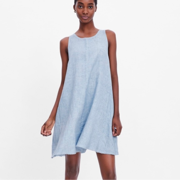 Zara Linen Light Blue Raw Hem A-Line Dress in XS - Picture 1 of 4